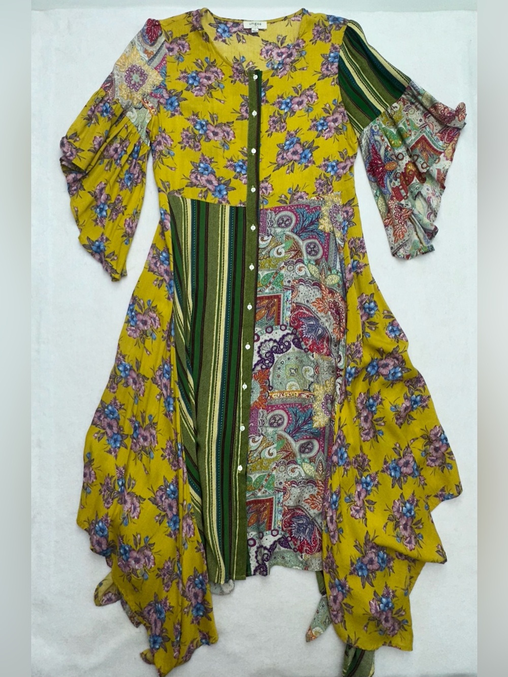 UMGEE Womens Small Boho Patchwork Floral Paisley Dress Handkerchief Hem